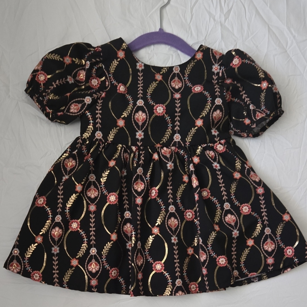 Black Floral Patterned Dress with Gold Accents